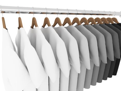 black and white  shirts with hangers isolated on white,3d