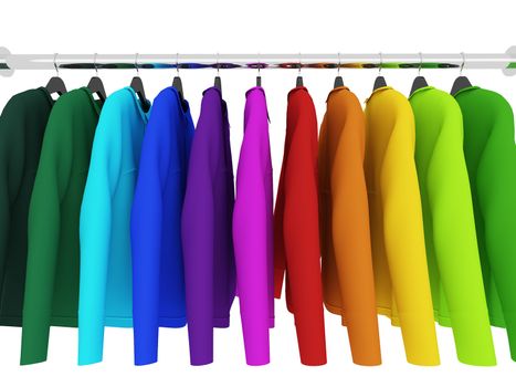 colorful shirts with hangers isolated on white,3d