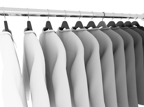 black and white  shirts with hangers isolated on white,3d