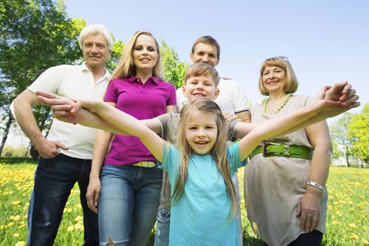 Portrait of cheerful extended family standing at the park