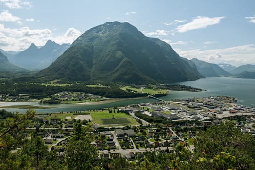 Panoramic view of Andalsnes Leirplass mountain in Norway under a sunny sky