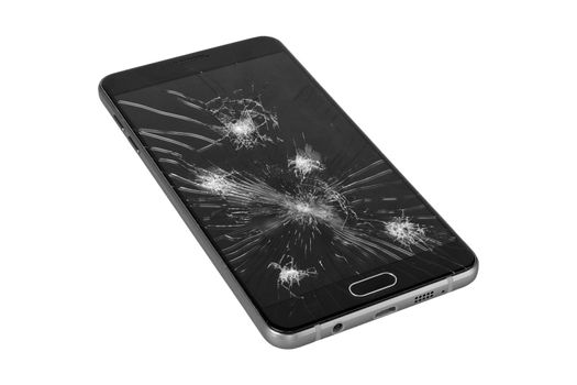 Smartphone with broken screen isolated on a white background
