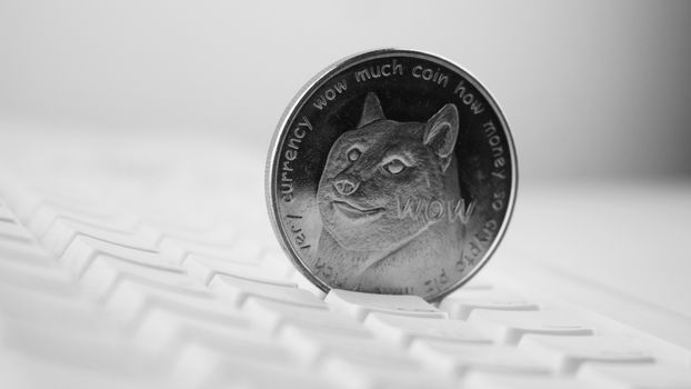 Digital currency physical black dogecoin coin on white computer keyboard.