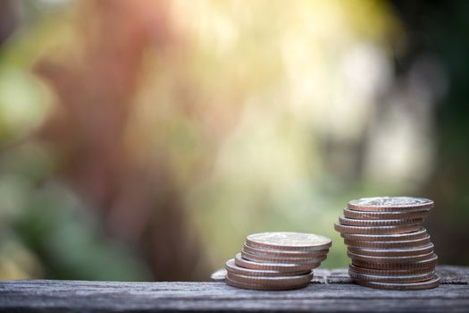 coins stacks grow on nature background