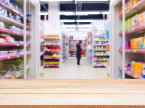 Light wooden board empty table in front of blurred background. Perspective light wood over blur in supermarket - can be used for display or montage your products. Mockup for display of product.