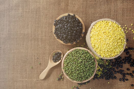 bowl of beans on a sack.