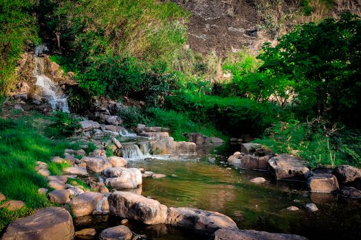 waterfall in fresh forest background.