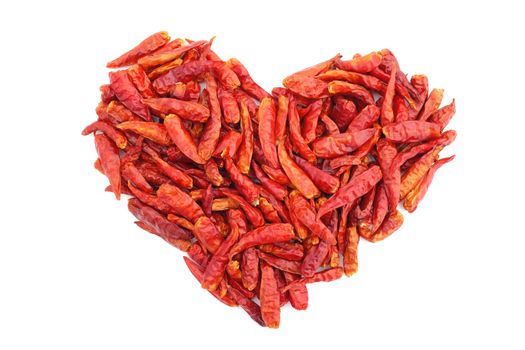 Spicy red birds eye chilli peppers in a heart shape, isolated on a white background