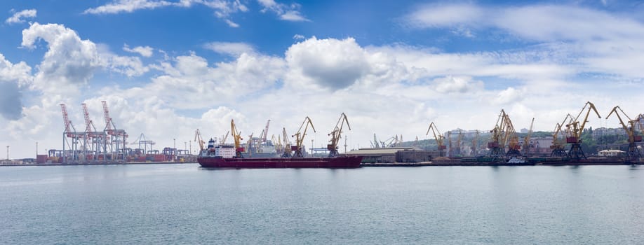 Panorama of the sea cargo port with several berth with different harbor cranes and ship, standing at unloading
