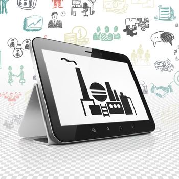 Business concept: Tablet Computer with  black Oil And Gas Indusry icon on display,  Hand Drawn Business Icons background, 3D rendering