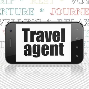 Travel concept: Smartphone with  black text Travel Agent on display,  Tag Cloud background, 3D rendering