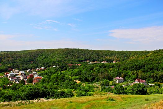 View of an elite cottage village among the forest in the summer.