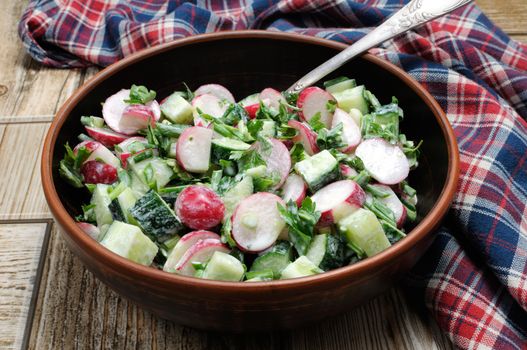 Salad with pieces of radish and cucumber, herbs and green onions, dressed  yogurt. Horizontal shot.
Foreground.
