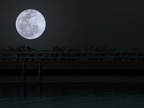 Swimming pool at night with full moon in darkness sky