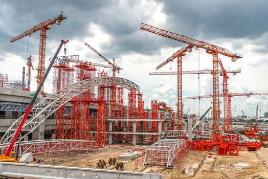 Industrial Cranes on Construction of Expressway Site in Asia