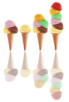 Various icecream scoop flavors in cones over a white background