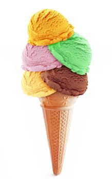 Five assorted flavored icecream scoops on a cone including chocolate, vanilla and strawberry