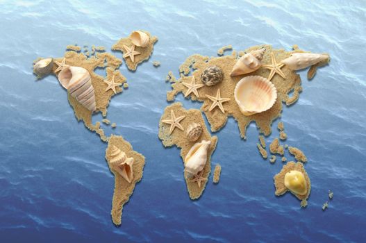 World atlas made from sand and sea shells on sea background