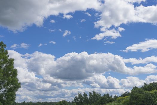 White big clouds in a bright blue sky close-up