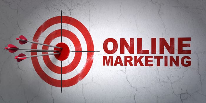 Success advertising concept: arrows hitting the center of target, Red Online Marketing on wall background, 3D rendering