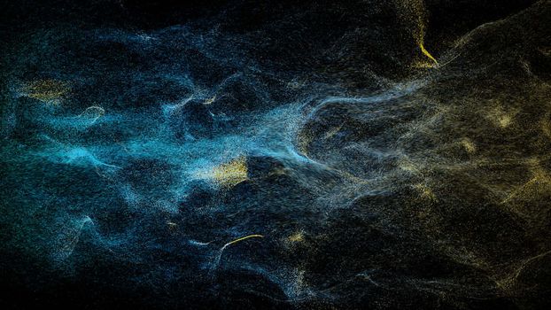 Particles dispersing and twisting. High quality clip rendered on high end computer and graphics card. Sand effect. 3d render