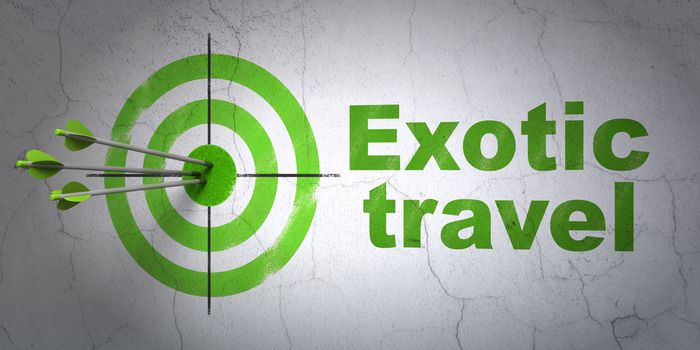 Success travel concept: arrows hitting the center of target, Green Exotic Travel on wall background, 3D rendering