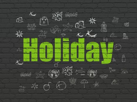 Travel concept: Painted green text Holiday on Black Brick wall background with  Hand Drawn Vacation Icons