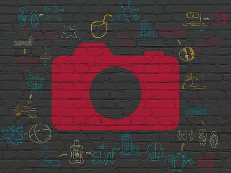 Travel concept: Painted red Photo Camera icon on Black Brick wall background with Scheme Of Hand Drawn Vacation Icons