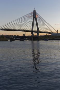 Anzac Bridge at dusk  seen from the suburb of Pyrmont. Anzac bridge spanning Johnston's Bay between Pyrmont and Glebe in Sydney, Australia.