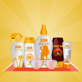 illustration of various sunscreens in summer