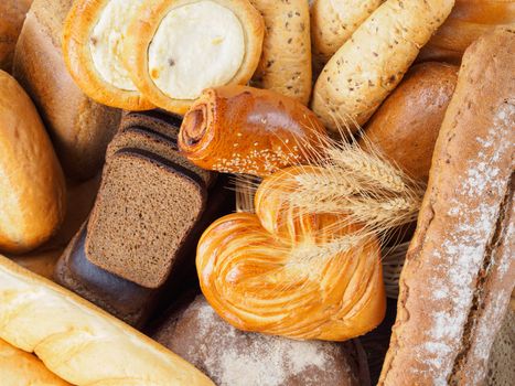 Russian bread. Assortment different types of traditional russian bread. Rustic style bread. Top view or flat lay.