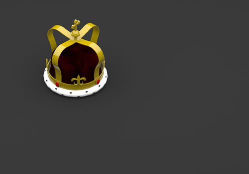 3D RENDERING OF GOLDEN KING CROWN WITH RED JEWELS ON PLAIN BLACK BACKGROUND