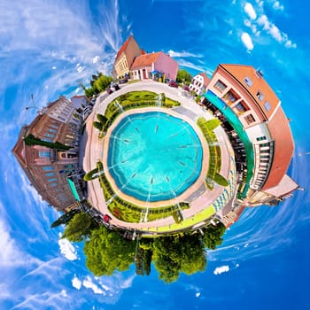 Town of Koprivnica fountain and square planet perspective panorama, Podravina region of Croatia