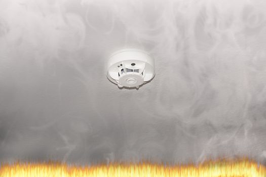 Smoke detector on the ceiling with red warning light sensor and smoke.