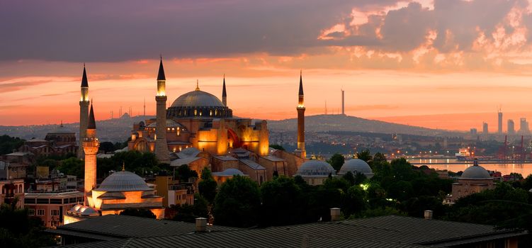 View on Ayasofya museum and cityscape of Istanbul at sunrise, Turkey