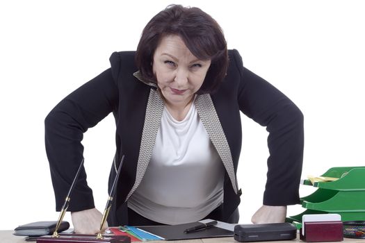 Terrible business woman at the desk on a white background