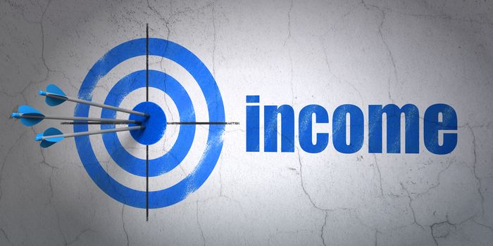 Success finance concept: arrows hitting the center of target, Blue Income on wall background, 3D rendering