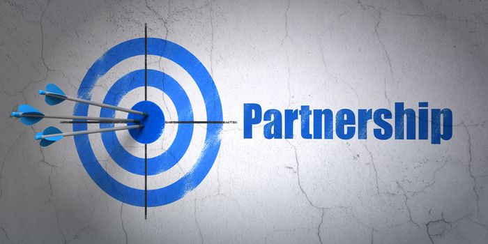 Success business concept: arrows hitting the center of target, Blue Partnership on wall background, 3D rendering