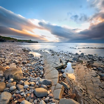 Kilve, Somerset, United Kingdom - August 6, 2016: View of pebble Kilve beach at sunset. Copy space in blue sky