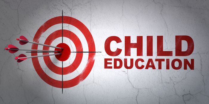 Success Studying concept: arrows hitting the center of target, Red Child Education on wall background, 3D rendering