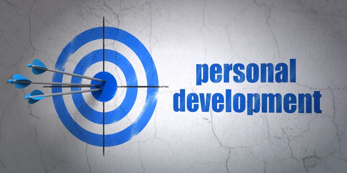 Success Studying concept: arrows hitting the center of target, Blue Personal Development on wall background, 3D rendering