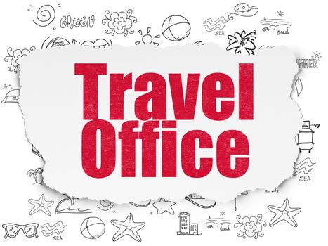Vacation concept: Painted red text Travel Office on Torn Paper background with  Hand Drawn Vacation Icons