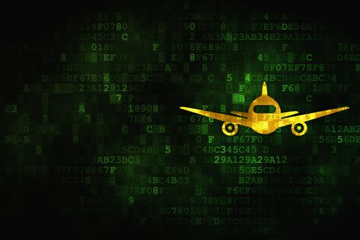 Vacation concept: pixelated Aircraft icon on digital background, empty copyspace for card, text, advertising
