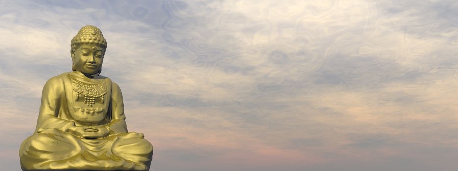 Golden buddha meditating in cloudy sky - 3D render