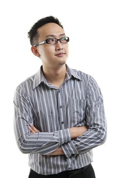 Young Asian man looking at side isolated on white background.