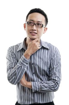 Asian male hand on chin having a thought, standing isolated on white background.