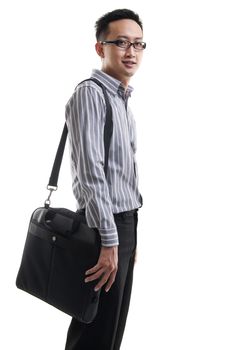 Young Asian man with laptop bag standing isolated on white background