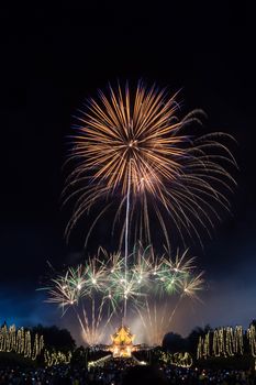 Beautiful display of colorful fireworks, Fireworks on night sky at Ho Kham Luang at Royal Park Rajapruek in Chiangmai,Thailand