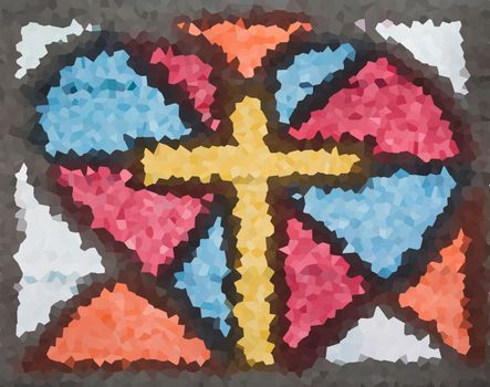 Image of multicolored stained glass window cross in heart pattern, Christmas Day format
