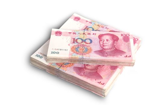 Yuan banknotes from China's currency, Chinese banknotes isolated on white background.